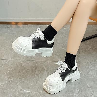 Kleurblok Blokhak Schoenen Herfst Nieuw Ronde Neus Voorkant Bandjes Platform Antislip Slijtvast Enkele Schoenen