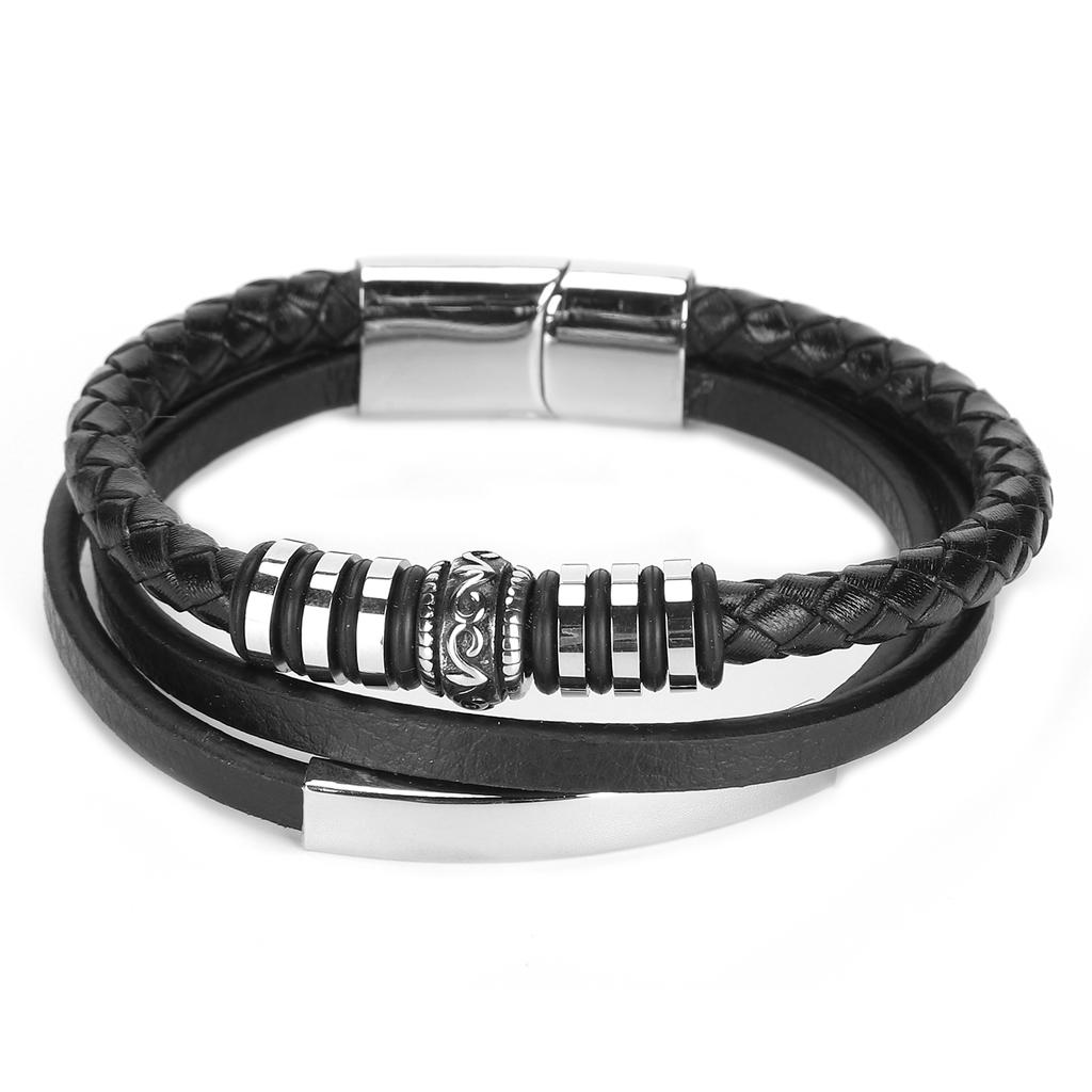Men"s PU Leather Black Stainless Steel Wrist Band Cuff Bangle Bracelet Magnetic Clasp