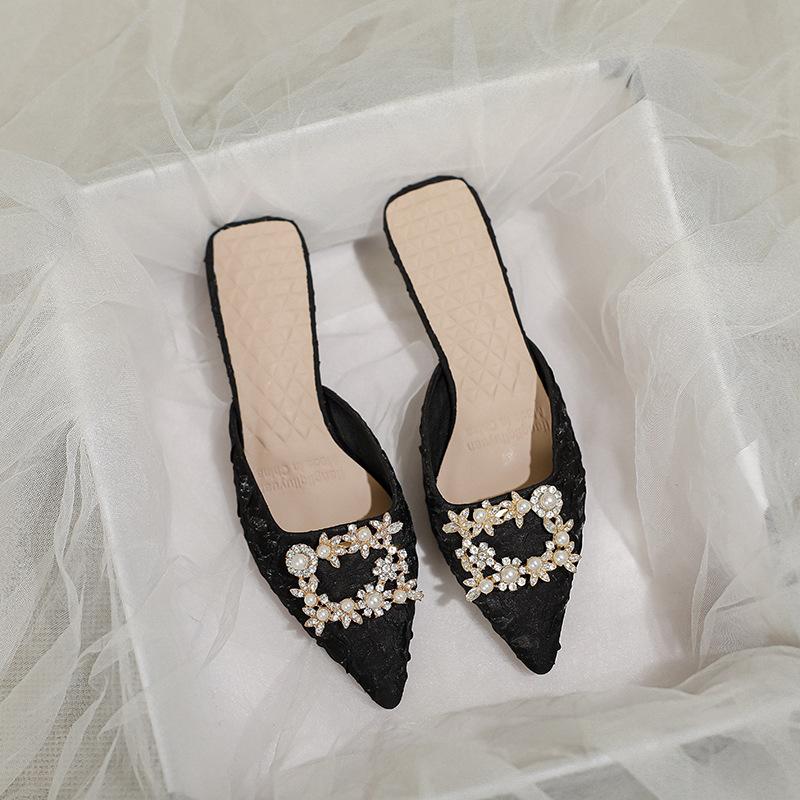 Hausschuhe Damenmode Oberbekleidung Tasche Kopf Damenschuhe neu Strassschnalle mittlerer Absatz spitz coole Hausschuhe dicker Absatz