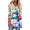 Ladies' Fashionable Casual Christmas Printed T-shirt Long Sleeved V-neck Mid Length Top