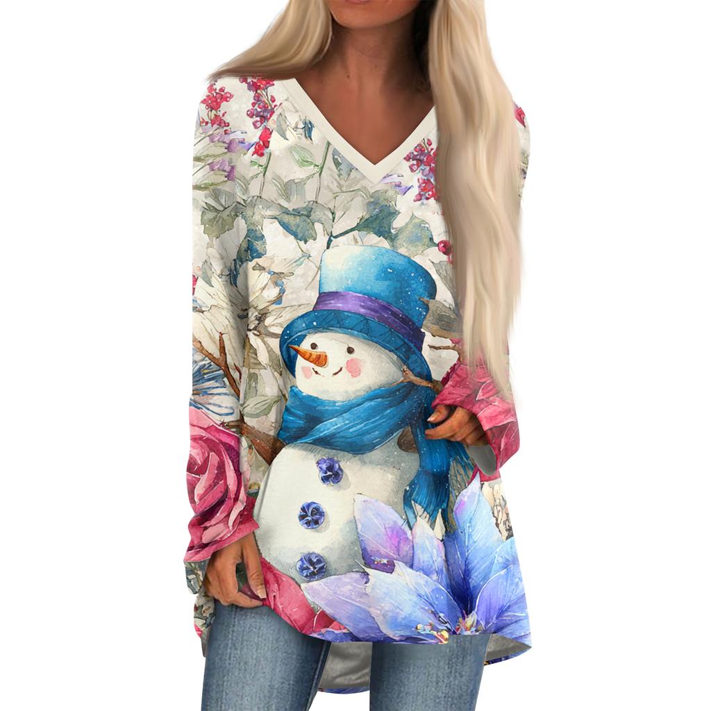 Ladies' Fashionable Casual Christmas Printed T-shirt Long Sleeved V-neck Mid Length Top