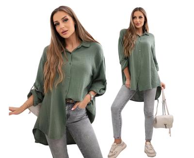 Khaki Damska Koszula Bawełniana Muślinowa Plus Size