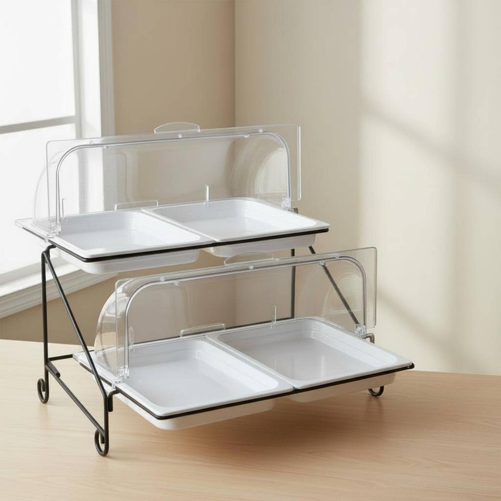 Lidded Food Serving Station Transparent Lids 2-Tier Buffet Serving Stand Rectangular Food Display Stand Particles-Resistant Lids
