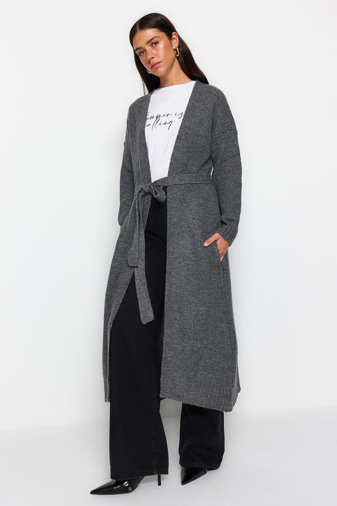 Women's Fashionable Stylish Hijab Cardigan Anthracite Belted Long Thessaloniki Knitted Knitwear Cardigan