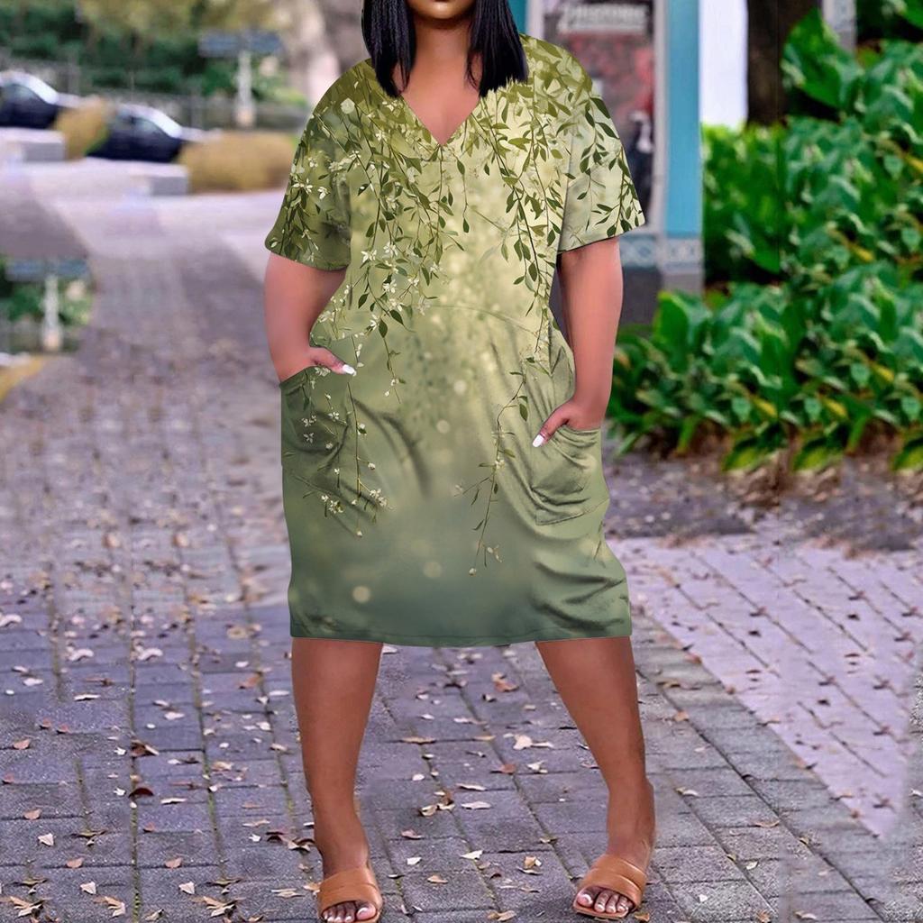 Summer Plus Size V Neck Short Sleeve Knee Pocket Print Casual Dress For Women