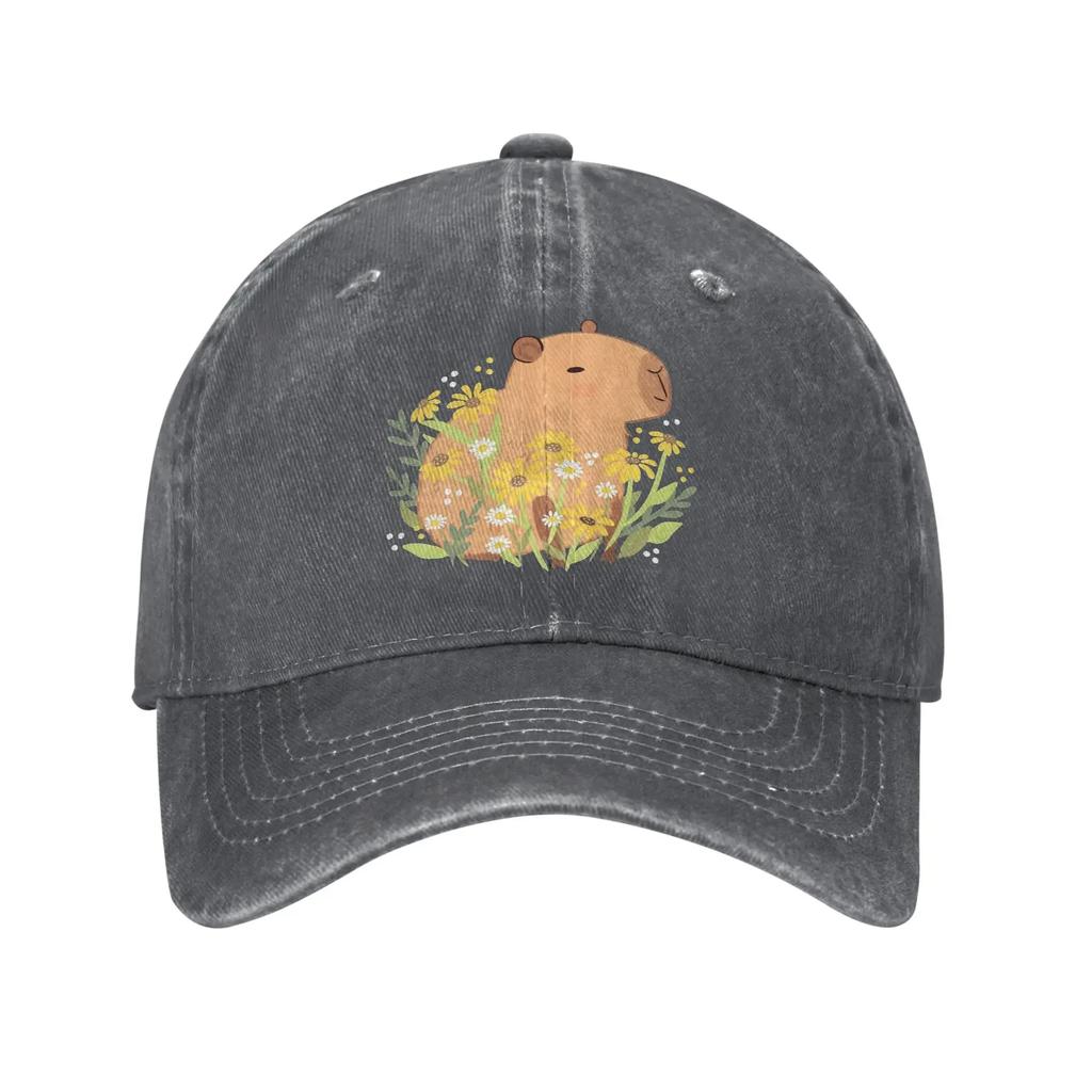 Capybara with Daisy Flowers Sun Baseball Cap Yk Cute UnisexTeens Washed Hats Breathable Custom DIY Baseball Caps Gift Idea