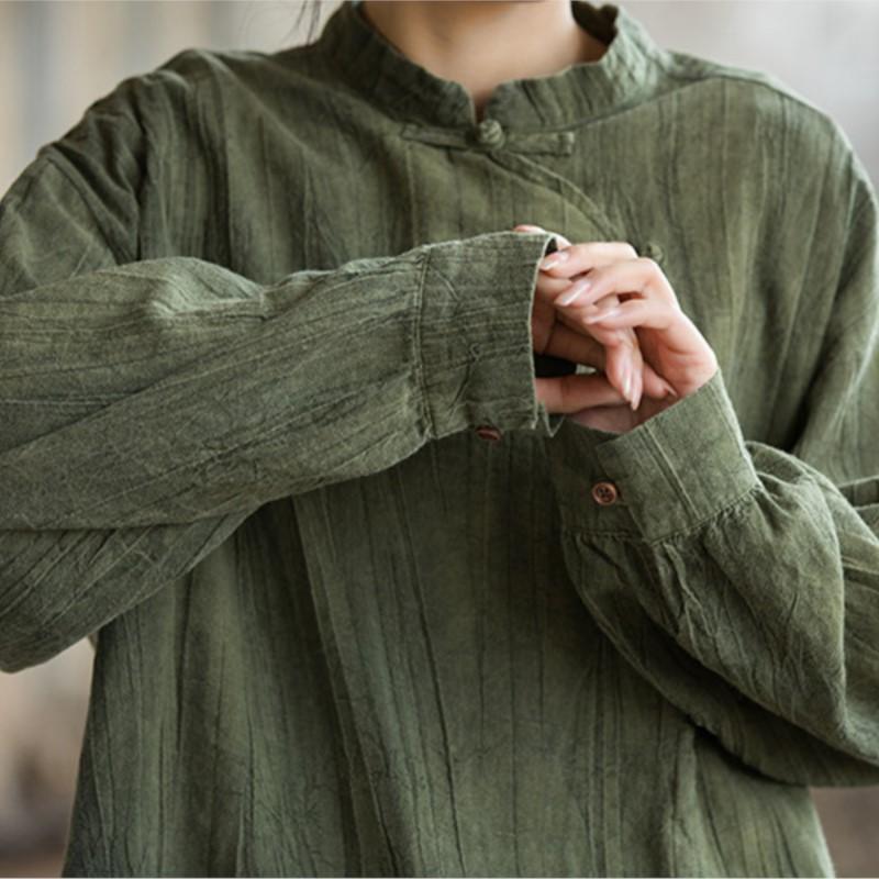 Johnature Women Vintage Shirts Tops Stand Long Sleeve Button Spring Tie-dye Chinese Style Blouses