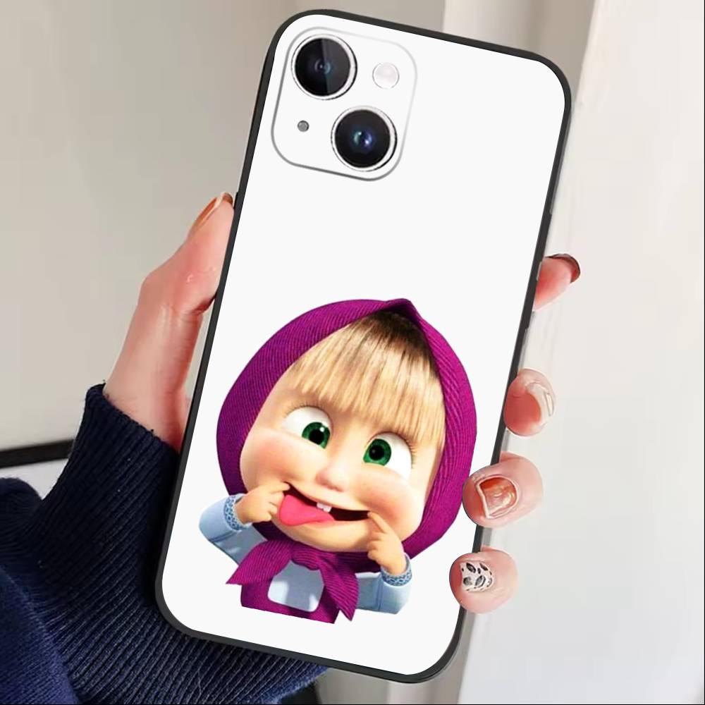Cute Masha and the Bears Phone Case For iPhone 17 16 15 14 13 12 Max Plus Silicone Black Cover