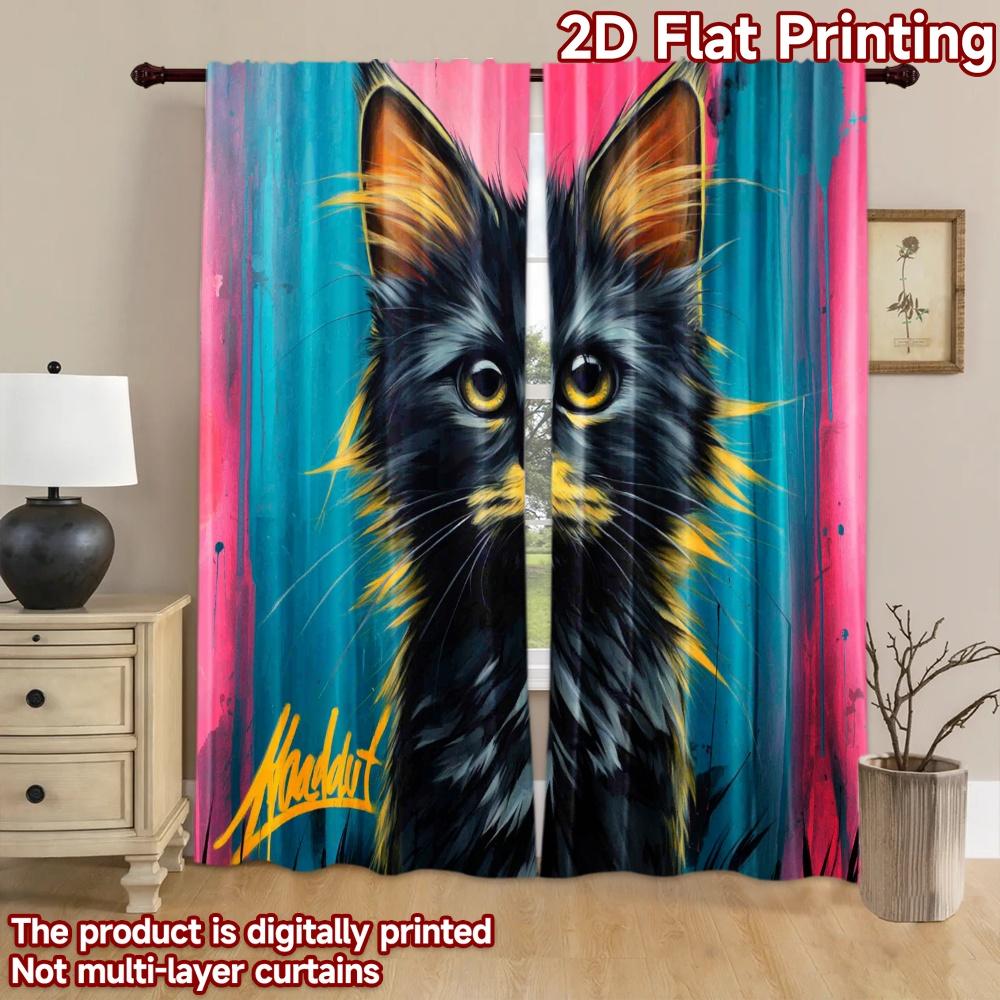 2D flat printing 2pcs Curtain Black Cat Gold Chain Digital Printed Polyester Drapes Festive Holiday for Indoor Celebrations Room