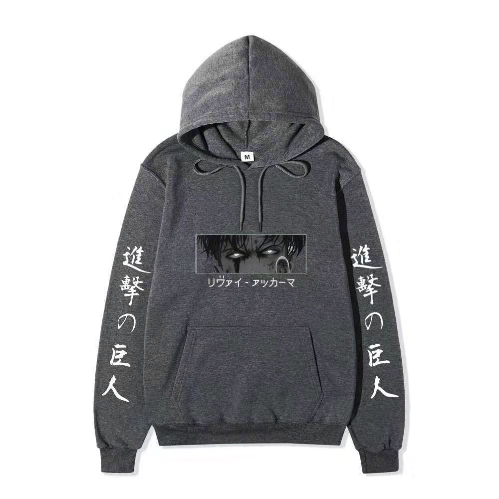Anime Attack On Titan Levi Ackerman Hoodie, Double Sleeve Japanese Text Print Pullover Sweatshirt Long Sleeve Streetwear for Men Women