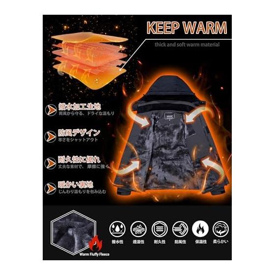 [KEFITEVD] Mountain Parka Men's Windproof Cold Protection Boa Lining Windbreaker Water Repellent Mountain Climbing Jacket Outdoor Camping Fishing Ski