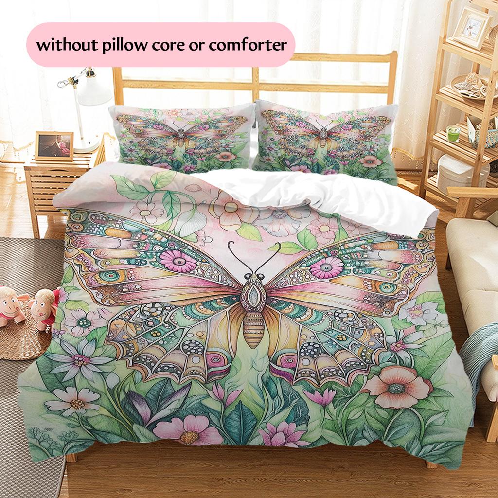 Butterfly in Flower Bushes  Pattern Bedding Quilt Set Quilt Cover Pillowcase Home Decoration  Gift (1 * duvet cover + 2 * pillowcase, without core)