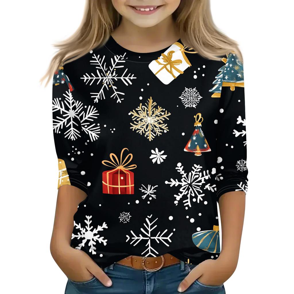 Christmas Day Print Tops For Youth Girls 5-16 Years Round Neck 3/4 Sleeves T-Shirts Trendy Tops Outfit Tees