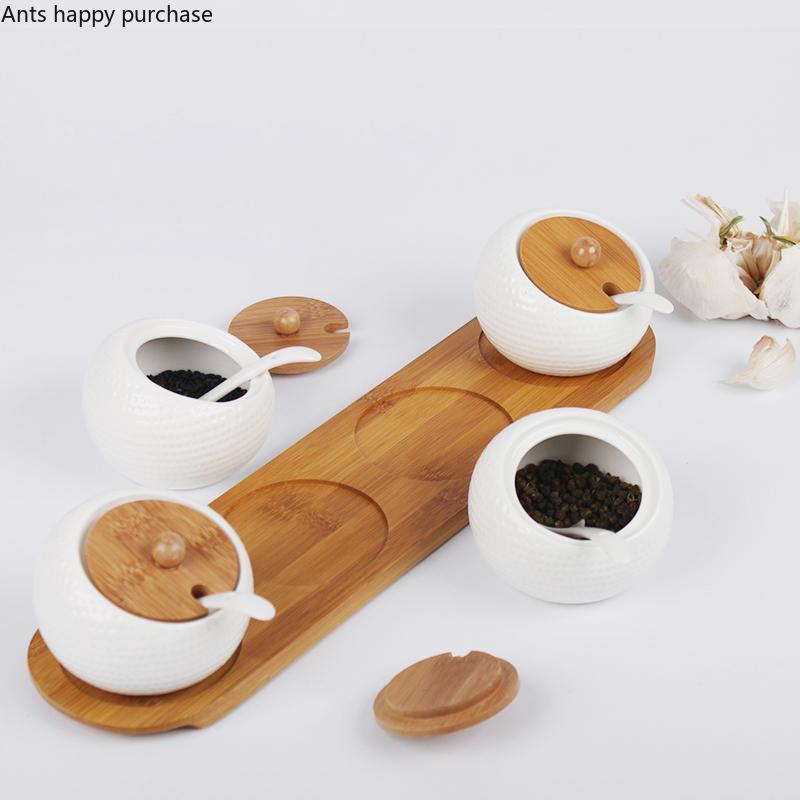Ceramics Spice Jar Wooden Cover Seasoning Jar Set Combination Seasoning Box Home Kitchen Supplies Salt Shaker Spice Container