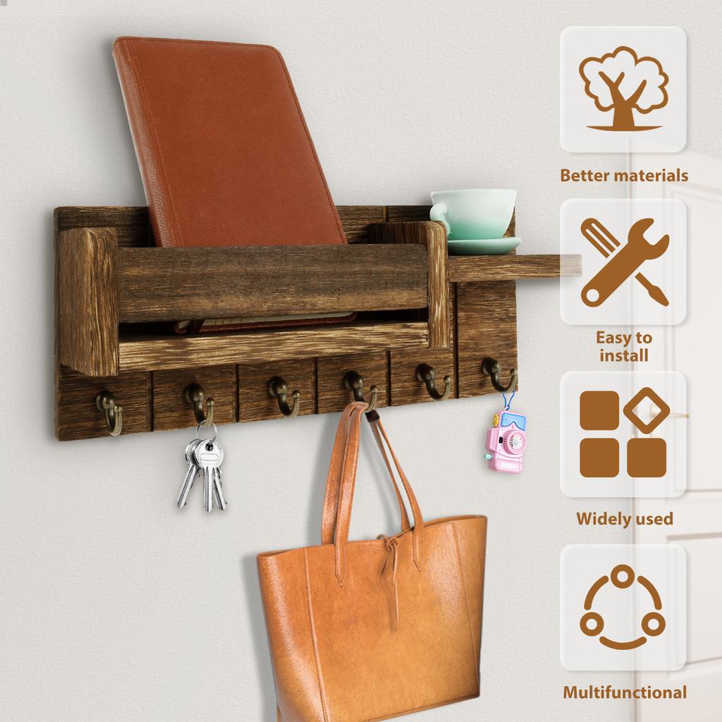 Wooden Mail Holder Wall Mounted Entryway Hallway Decorative  with 6 Key Hooks Rustic Home Wall Organizer Rack