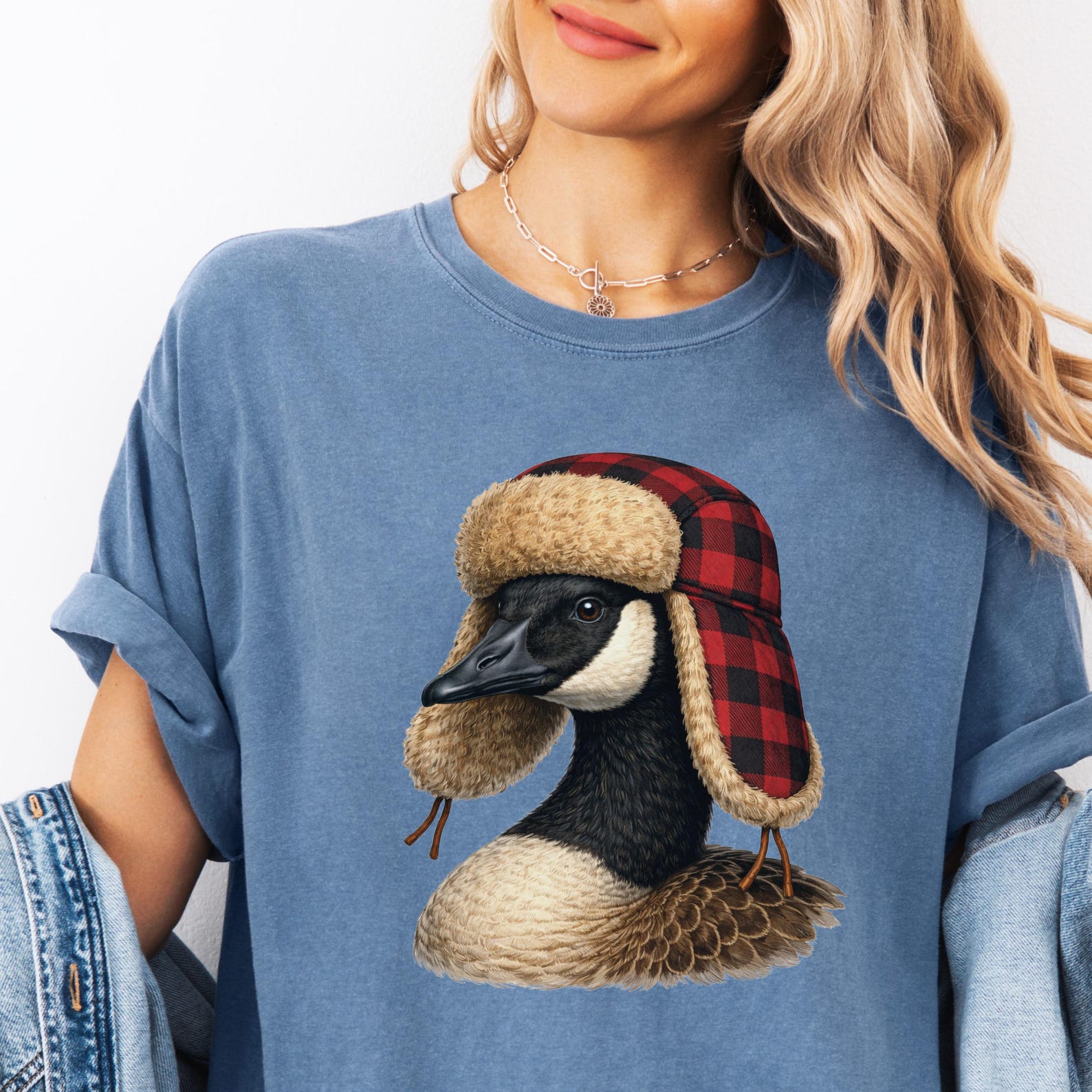 Canada Goose Wearing Plaid Trapper Hat T-Shirt | Winter Wildlife Graphic S