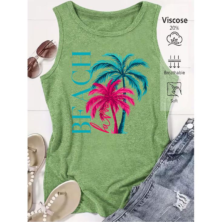 Colorful Palm Tree Print Loose Women Beach Sleeveless Tank Top