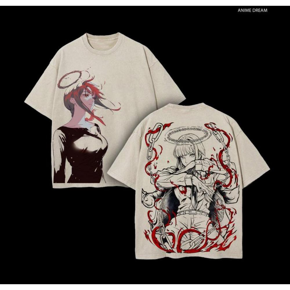 Anime Chainsaw Man Makima T-shirt For Men Women Clothing Vintage Washed Oversized T Shirt Pure Cotton