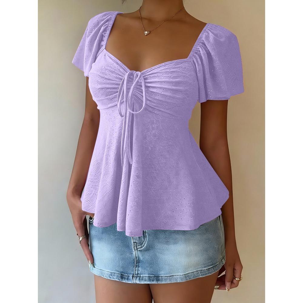 T-shirt da Donna Estiva a Maniche Corte, Scollo a V con Coulisse e Effetto Arricciato, Top Blusa Sexy Casual alla Moda per Tutti i Giorni