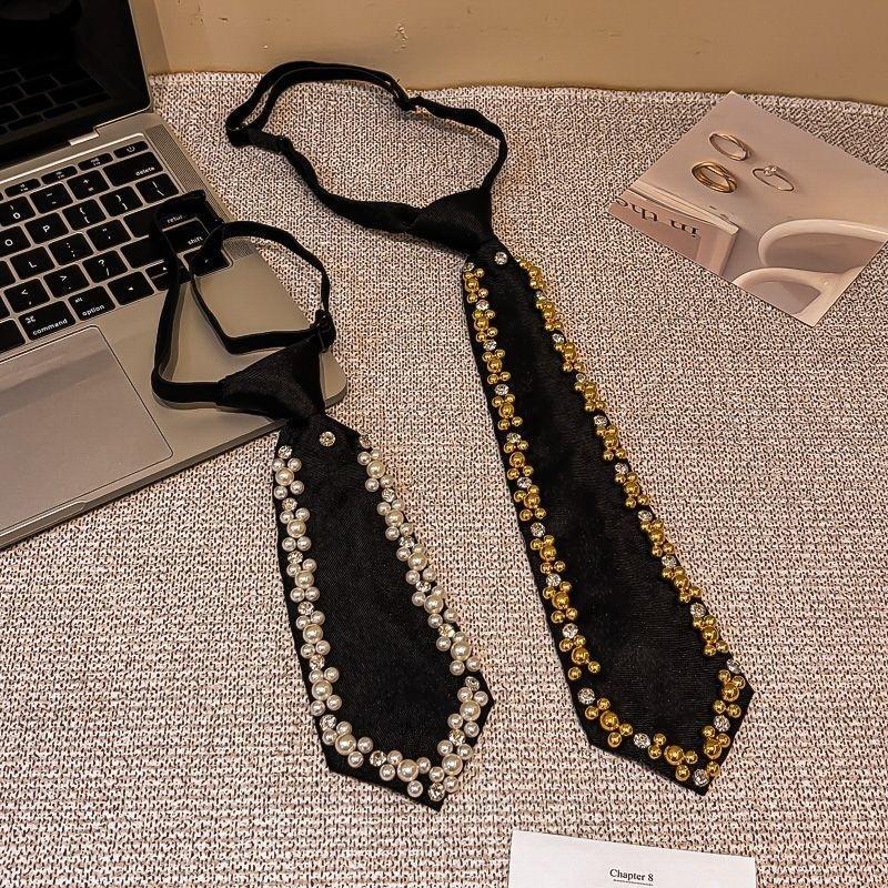 Pre Tied Black Fashion Neckties With Faux Pearl Rhinestone Decor Perfect For Party Wedding Daily Wear Special Events