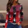 Women's Fashion Casual Slit Hem Round Neck Long Sleeve Loose Christmas Printed T-Shirt Ladies Top