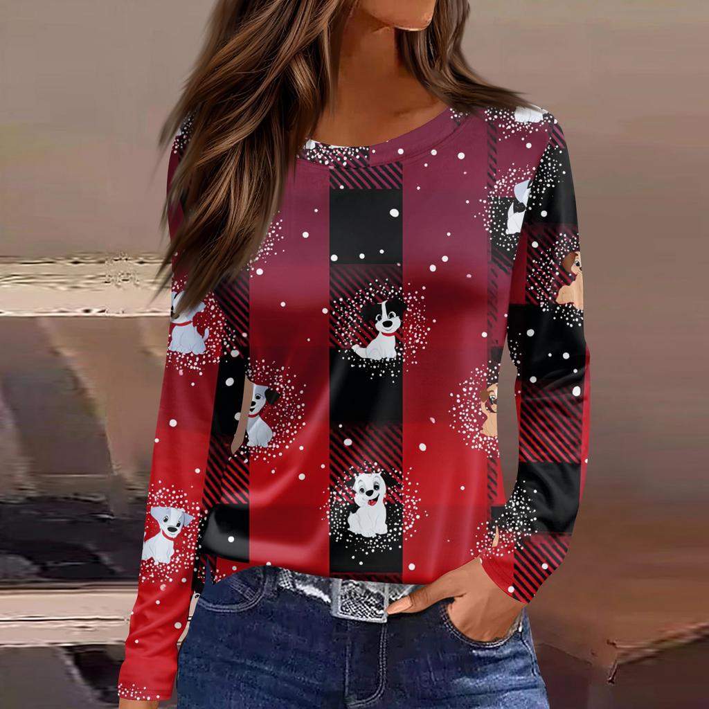 Women's Fashion Casual Slit Hem Round Neck Long Sleeve Loose Christmas Printed T-Shirt Ladies Top