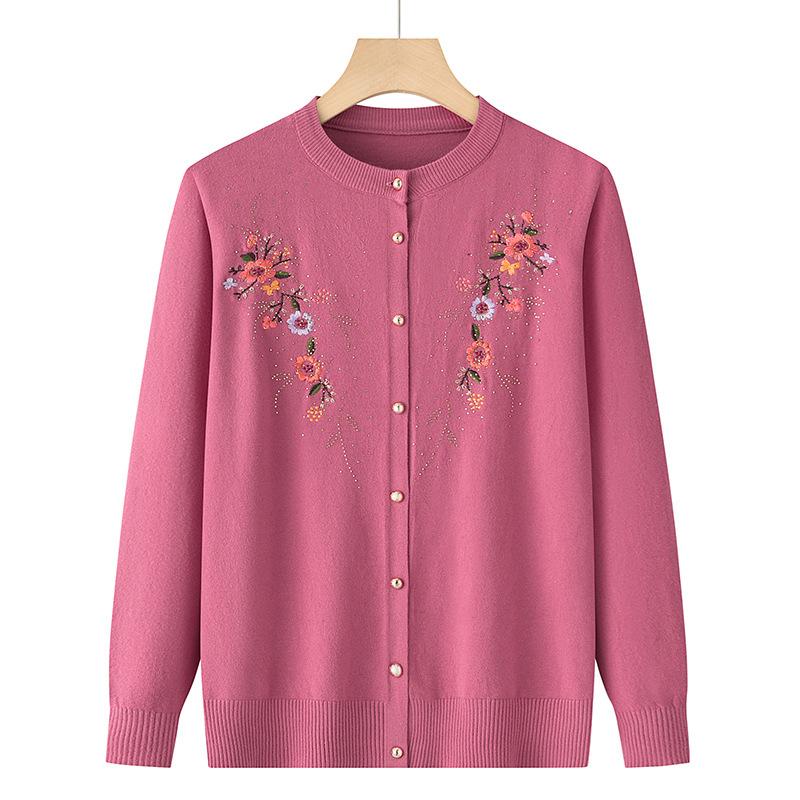 Middle-aged and Elderly Women's Embroidery Knit Cardigan Jacket Single-breasted Slim Sweater Thin Spring and Autumn Grandma Clothing