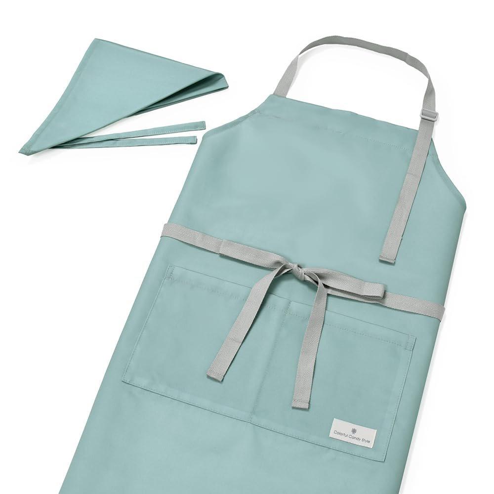 COLORFUL CANDY STYLE Kids Apron Set (150-170cm) with Bandana & Tote Bag, Water Repellent No-Iron Dusty Turquoise Solid Color for School Cooking DIY