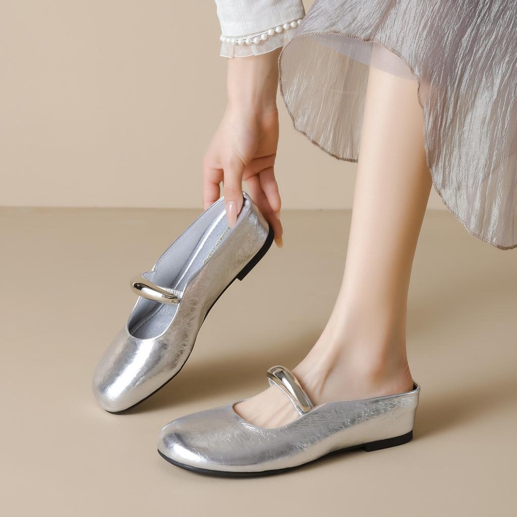 Weiwei Girl 879-1 Round Head One-word Belt Single Shoes French Gentle Silver Inner Heightening Baotou Half Slippers Female Summer
