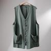 Linen Breathable Summer Men Style Retro Buckle V-neck Loose Vest Horsehide Jacket Outdoor Cover