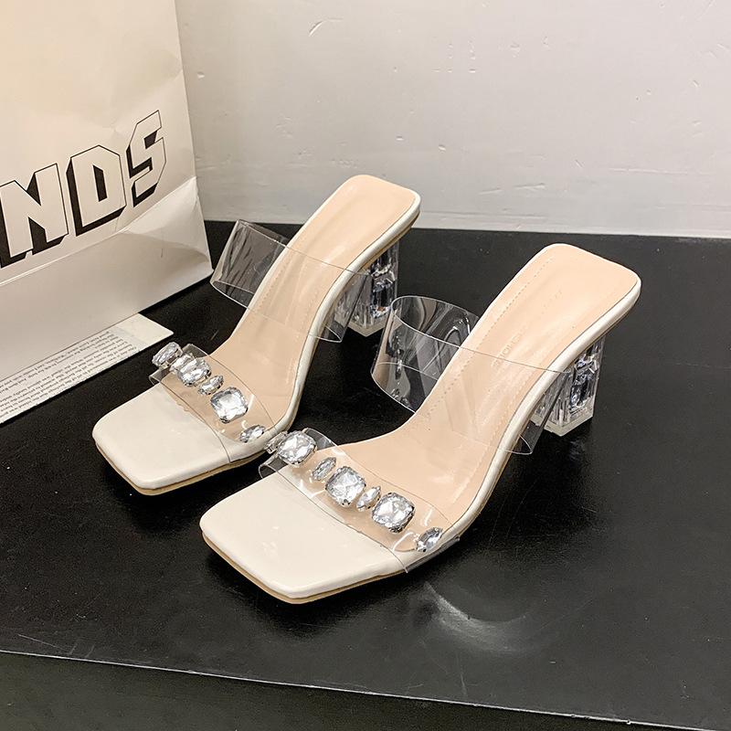 

Лето 2025 новые сандалии женские со стразами на толстом каблуке модные повседневные однословные с квадратным носком туфли на высоком каблуке крутые шлепанцы 34