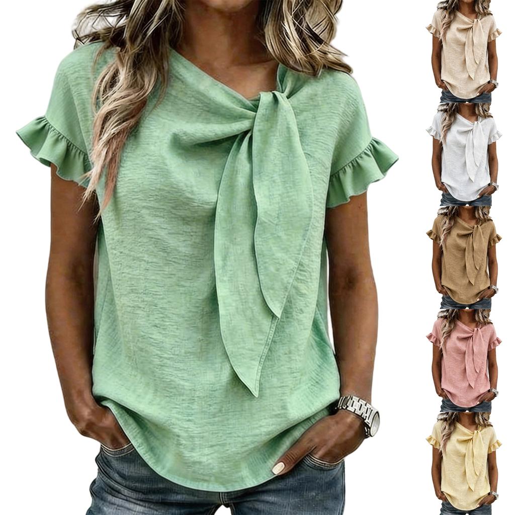 Women Short Sleeve Blouse with Ruffle Sleeves and Front Tie Knot Casual Loose Fit Top for Daily Wear