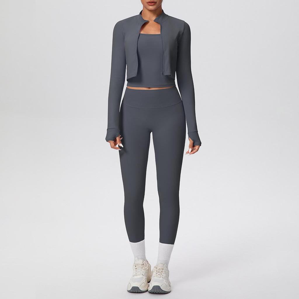 Women's Fitness Yoga Set: Shockproof Ribbed Tank, Zipper Jacket, High-Waisted Skin-Friendly Pants