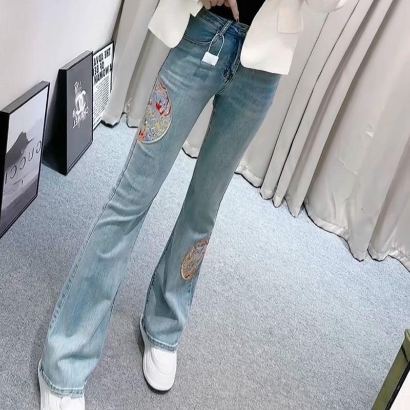 

New Chinese Style Micro-La Denim Female Spring & Fall High Waist Elastic Slim Fit Light Blue Retro Embroider Bell-Bottom Pants Image color S(40.00 kg-47.50 kg)