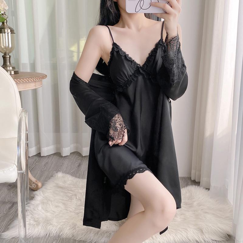 Summer Ice Silk Sexy Nightgown Set - Women’s Thin Suspender Dress with Beautiful Back Design