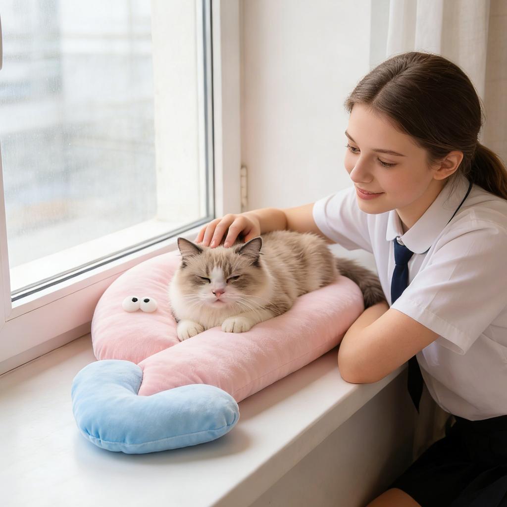 Niedriges Fragezeichenförmiges Katzenkissen, Weiches Haustier-Nackenkissen für Katzen, Ergonomische Halswirbelstütze Haustierbettmatte, Plüsch-Katzenkissen mit PP-Baumwolle