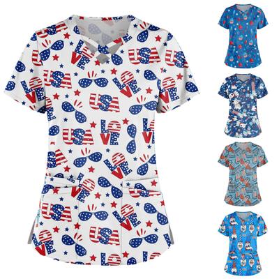 Plus Size Niedlich Bedruckte Peeling-Arbeitsuniform-Oberteile Für Frauen Kreuz V-Ausschnitt Kurzarm Lustige T-Shirts Arbeitskleidung T-Shirt Mit Taschen