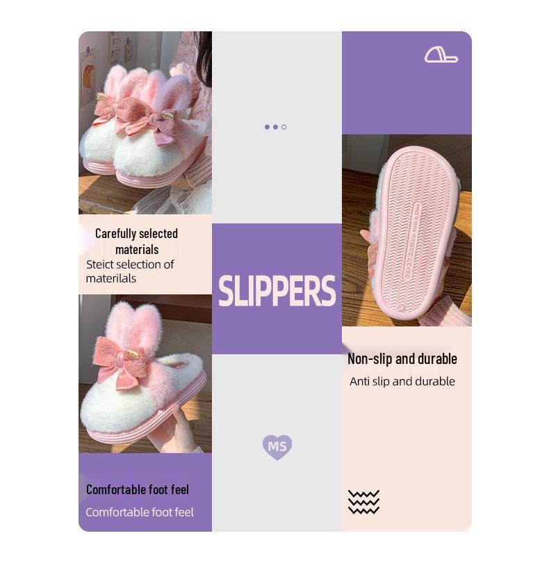 Women's Winter Rabbit Ear Bow Plush Cotton Slippers - Non-Slip & Warm