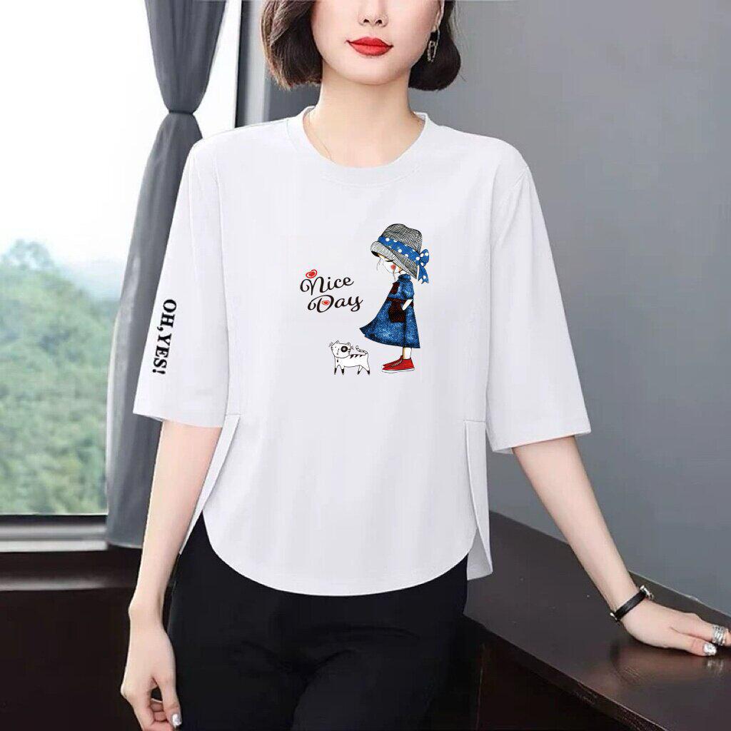 Stylish Printed Seven-Sleeve Women’s T-Shirt: Flattering, Versatile, Age-Defying Casual Wear