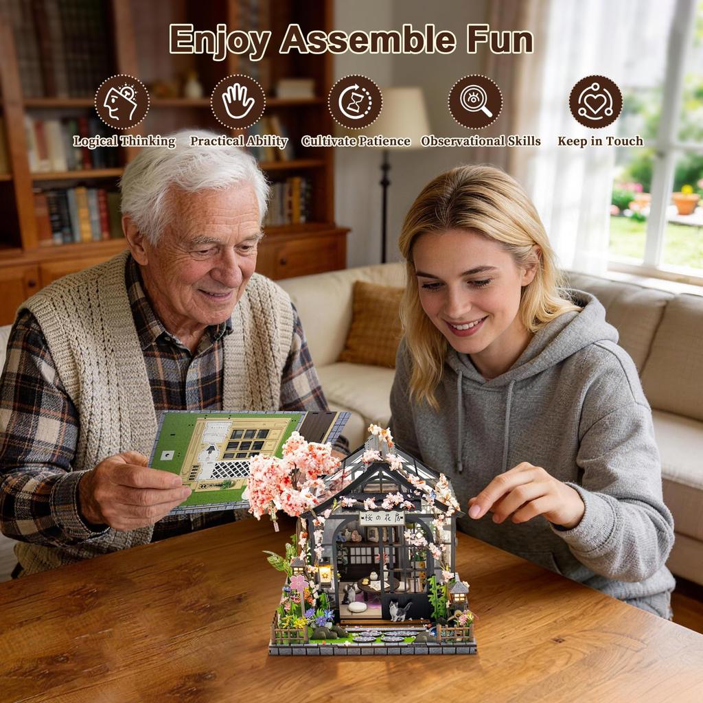 Hallisun DIY Miniature House Cherry Blossom Small 3D Wooden House Building Set for Bookshelf Furniture LED Craft Gift for Friends Kit Greenhouse,