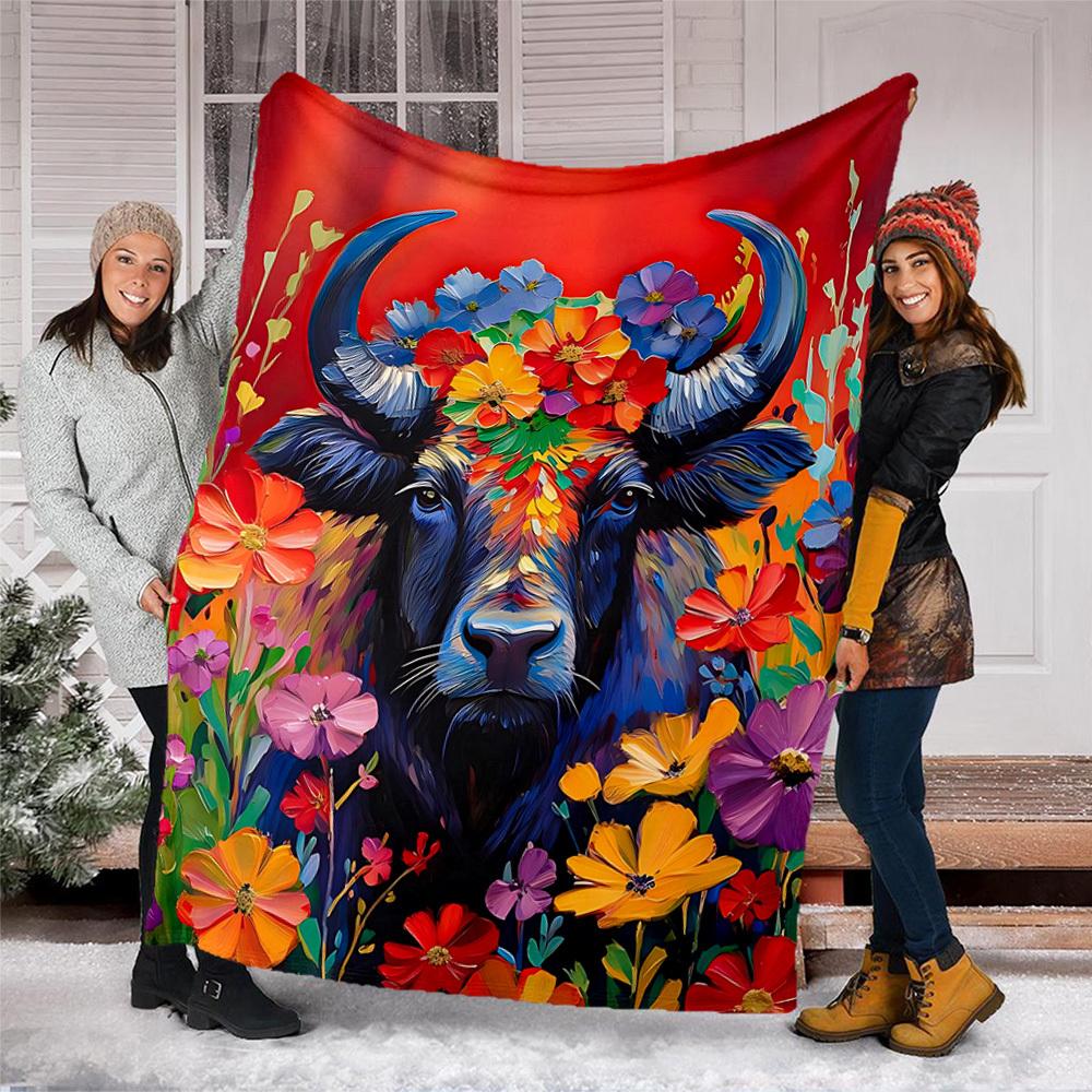 1pc Bull Flowers Outdoor Flannel Blanket, Cozy & Warm Soft Te Playful Design, Napping Camping,
