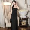 2026 European and American style summer new women's clothing solid color slim fit high waist fashion one-word collar suspender dress women
