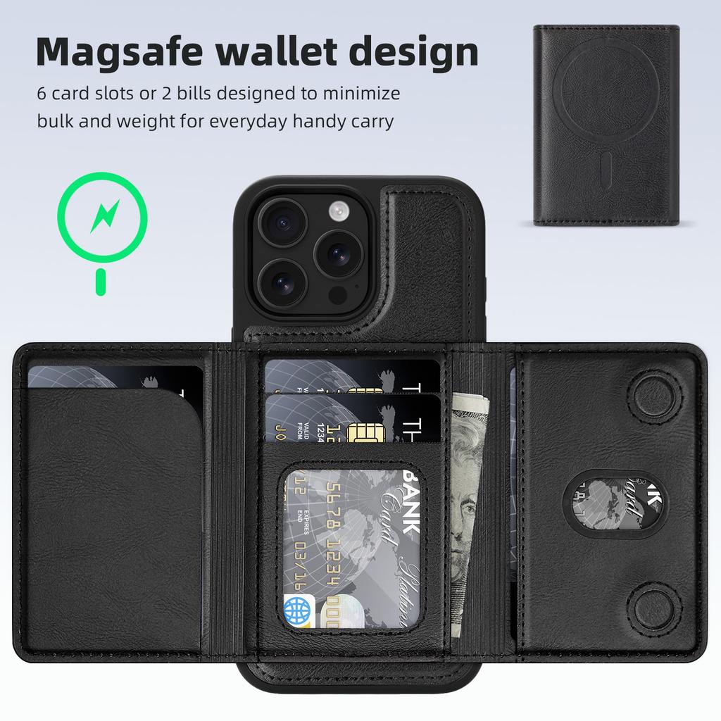 For iPhone 15 Pro Magnetic Case Leather Back Phone Cover with Detachable Card Bag