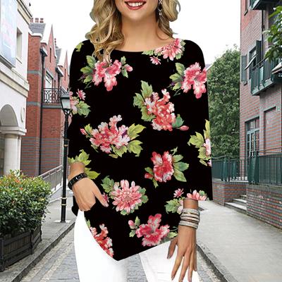 Camiseta de Manga Tres Cuartos y Cuello Redondo para Mujer, Camisas Holgadas, Casual, Estampado de Flor de Begonia, Camisetas