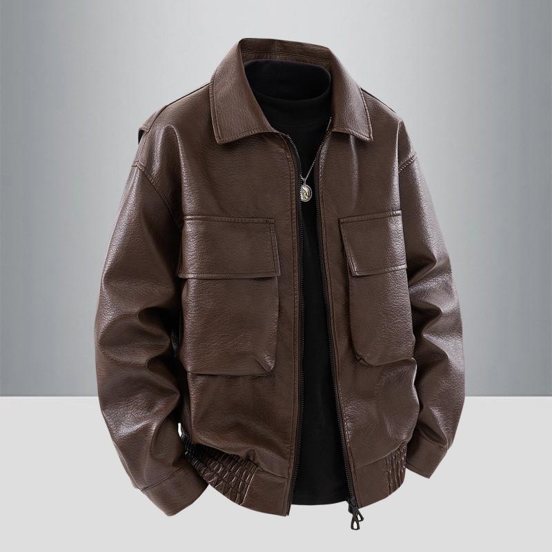 Spring and Autumn New PU Leather Jacket Men's Cycling Motorcycle Leather Jacket Men's American Street Retro Nostalgic Leather Casual