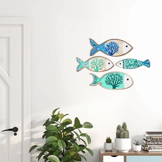 4Pcs/Set Wooden Fish Coastal Wall Art, Handcrafted Fish Wall Decoration, Rustic Nautical Fish Wall Sculpture for Living Room, Lake House, Bathroom