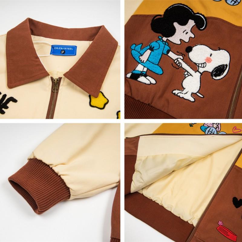 Winter American Street Retro Color Block Jacket Cartoon Embroidery Loose Casual Couple Outerwear
