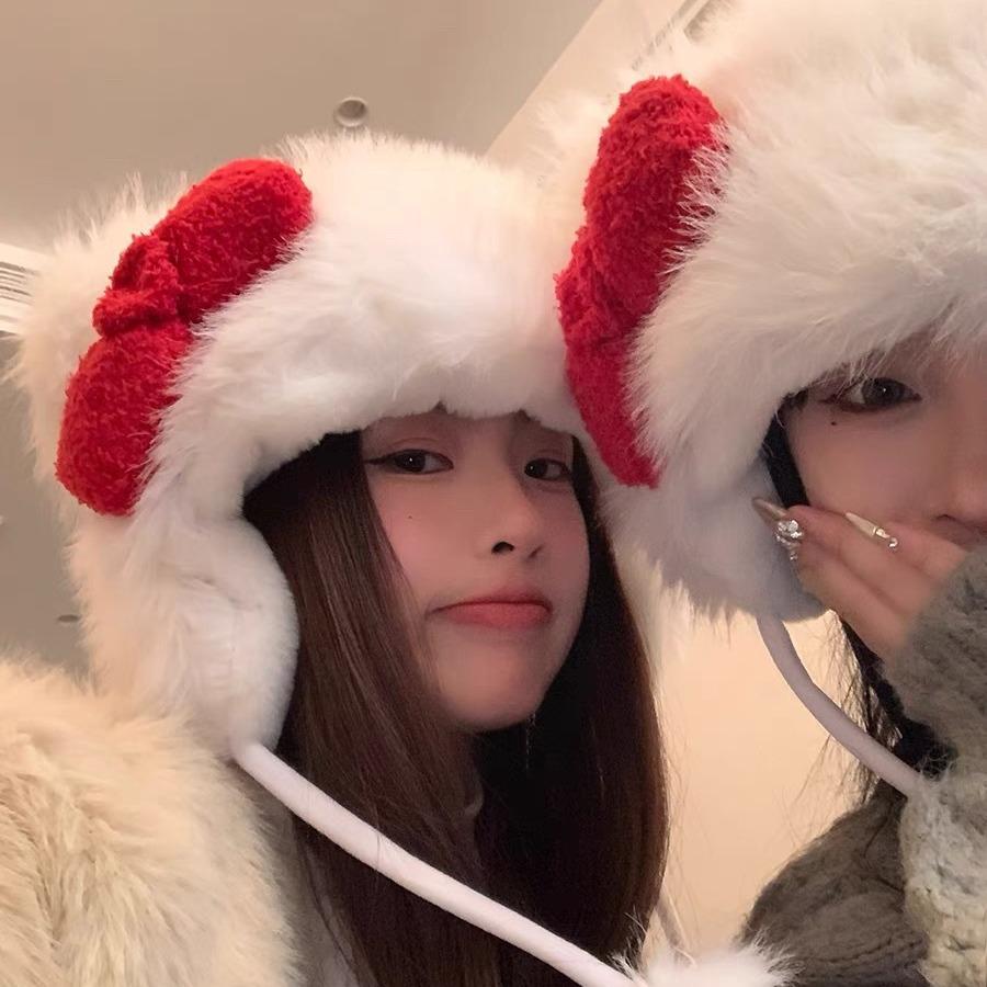 Hello Kitty Thickened Warm Lace-Up Lei Feng Hat Sweet Cute Hat Bow Plush Ear Protector Baotou Hat Female