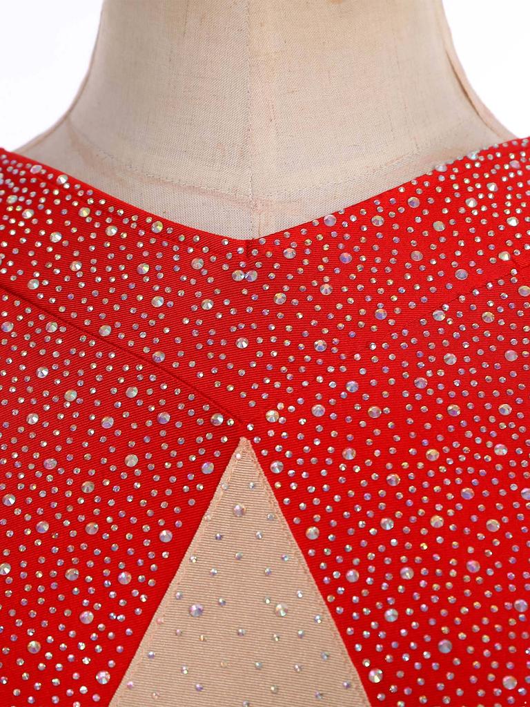 Womens Latin Tango Dance Leotard Allover Rhinestones Backless Tiered Tassel Contrast Color Bodysuit Performance Jumpsuit