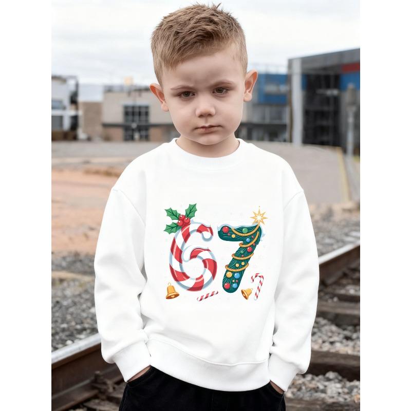 Kids Christmas Candy Cane Xmas Tree Number 67 Print Sweatshirt Unisex Boys Girls Holly Bell Snow Crewneck Long Sleeve Pullover Children Sweat Top